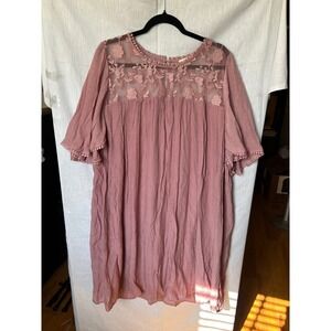 Indigo Rose Mauve Pink Lace Yoke Shift Dress Plus Size 3X Boho Bell Sleeve